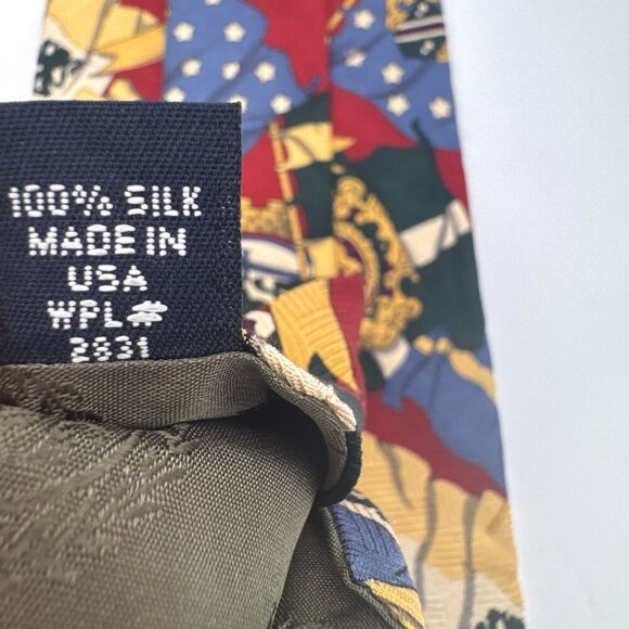 Vintage Tommy Hilfiger Men's Tie 100% Italian Silk USA Made Flags Crest Logo Red - Picture 6 of 8